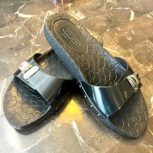 Authentic Rare Black COACH Logo Slides/Sandals With Silver Buckle